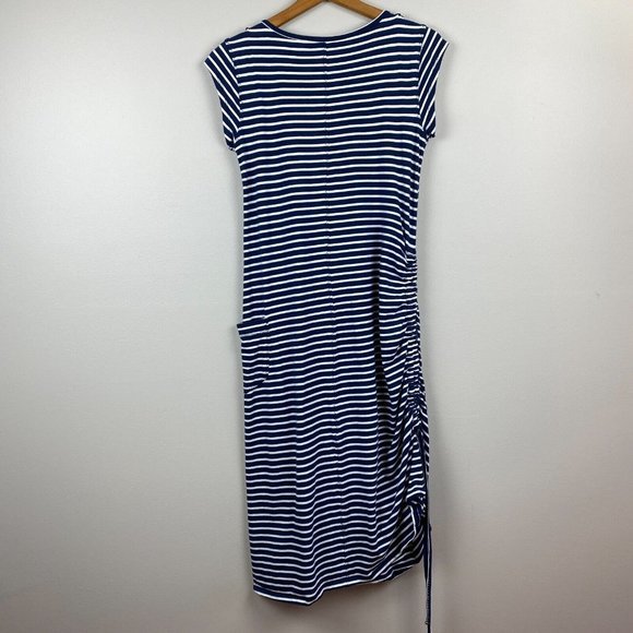Toad & Co Muse Dress S Midi Stripe Navy Blue White Scrunch Ruche Tie Side V-Neck - Picture 8 of 12